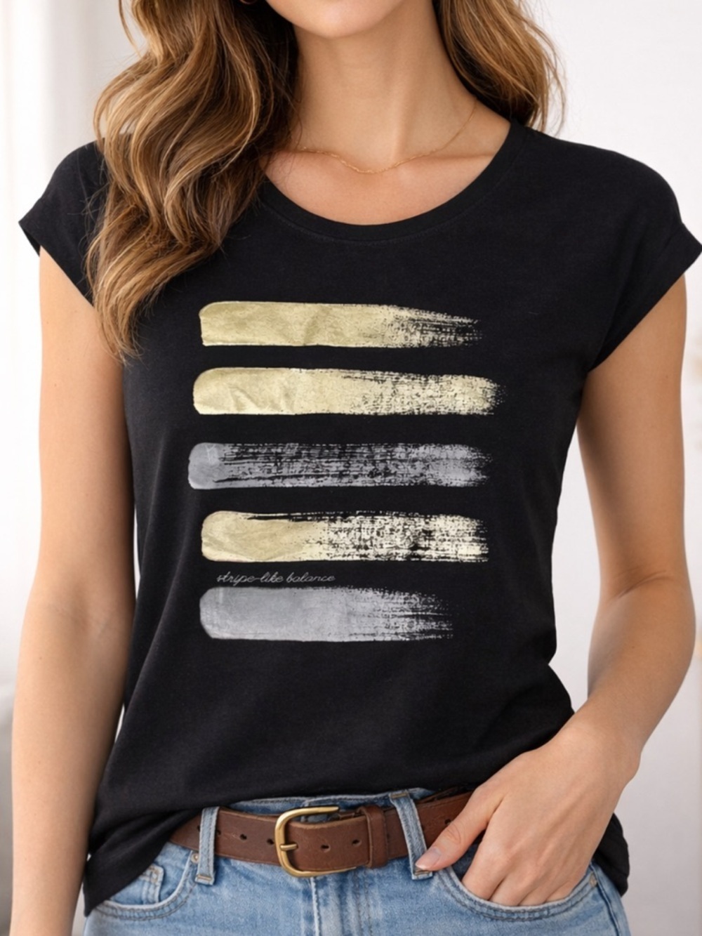Black Graphic Brushstroke Tee with Metallic Gold & Silver